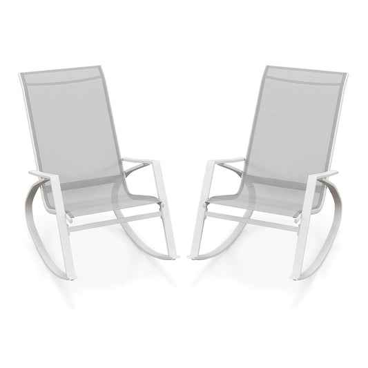 2 Pieces Patio Rocking Chairs with white frames and grey mesh seats