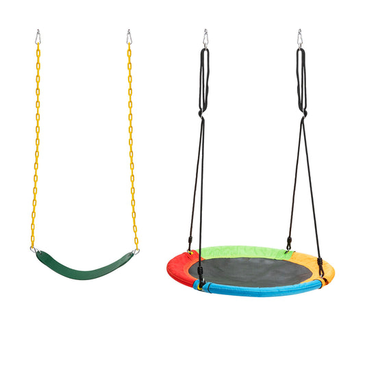 2 Pieces Strap Swing Seat and Saucer Tree Swing Set showing a green strap swing seat and a colourful saucer swing