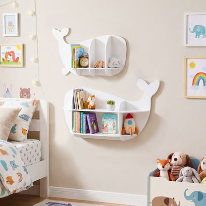 The kids storage shelves positioned above a bed in a decorated bedroom with soft toys