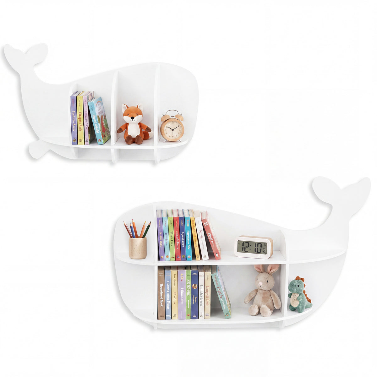2 Pieces Whale Floating Shelves displayed against a plain white background with books and toys