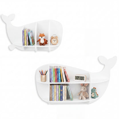2 Pieces Whale Floating Shelves displayed against a plain white background with books and toys