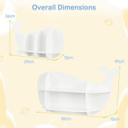 The two white whale shaped wall shelves with lines indicating their height width and depth