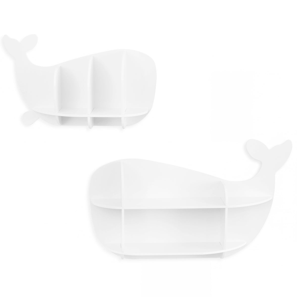 The two white whale shaped wall shelves shown empty against a plain white background