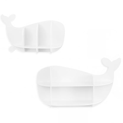 The two white whale shaped wall shelves shown empty against a plain white background