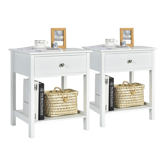 2 Pieces Wooden Nightstand with Drawer and Storage Shelf set in white with decor on top and shelves