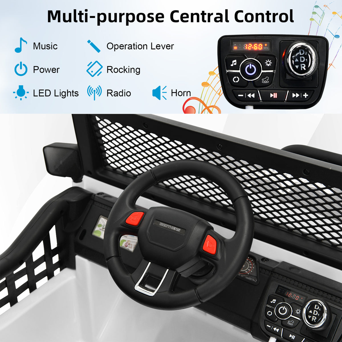 The kids electric car interior showing the steering wheel and the central control panel
