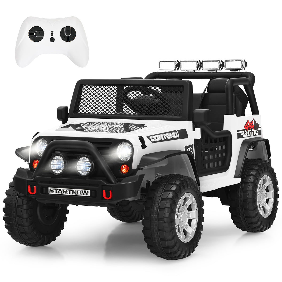 The kids electric car shown with its white wireless remote control unit positioned above it
