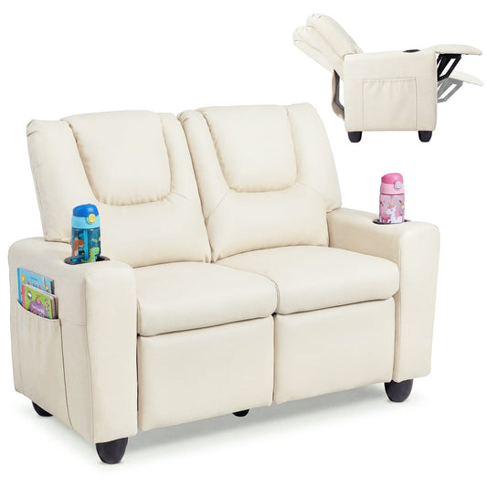 2-Seater Kids Recliner with cup holders and storage pockets in beige