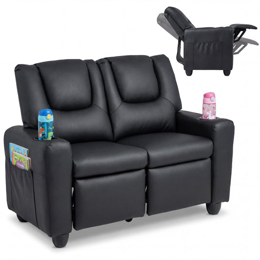 2-Seater Kids Recliner in black with two cup holders and side storage pockets