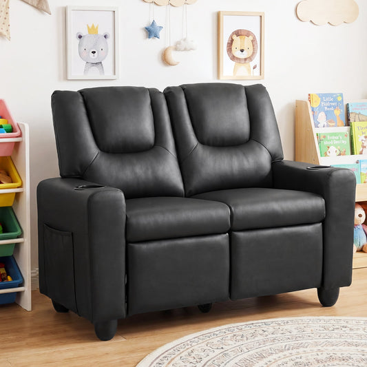 Black kids recliner sofa with cup holders and storage pockets in a nursery room
