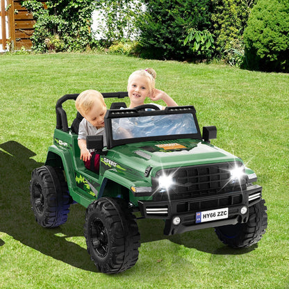 The green 2-seater ride-on car with two children enjoying a drive on a sunny day