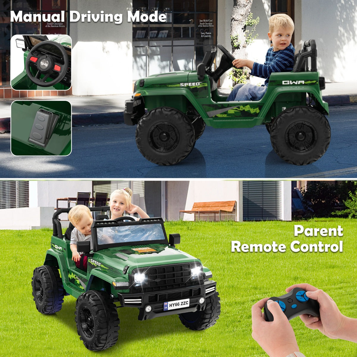 Two panels showing the green kids electric jeep, one with manual driving and one with parent remote control