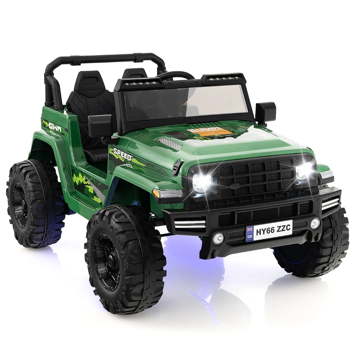 2-Seater Ride-on Car with Parent Remote Control in green, a chunky electric jeep with large wheels and LED lights