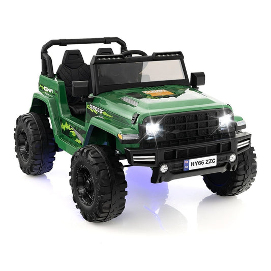 2-Seater Ride-on Car with Parent Remote Control in green, a chunky electric jeep with large wheels and LED lights