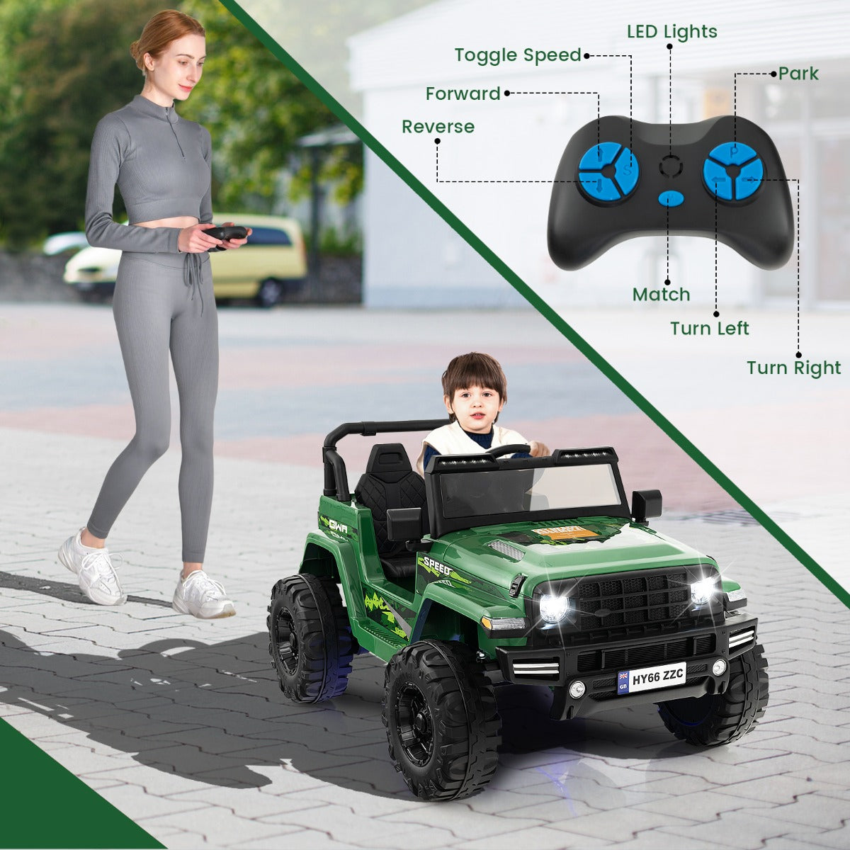 A woman uses the parent remote control to guide the green kids electric jeep with a child inside