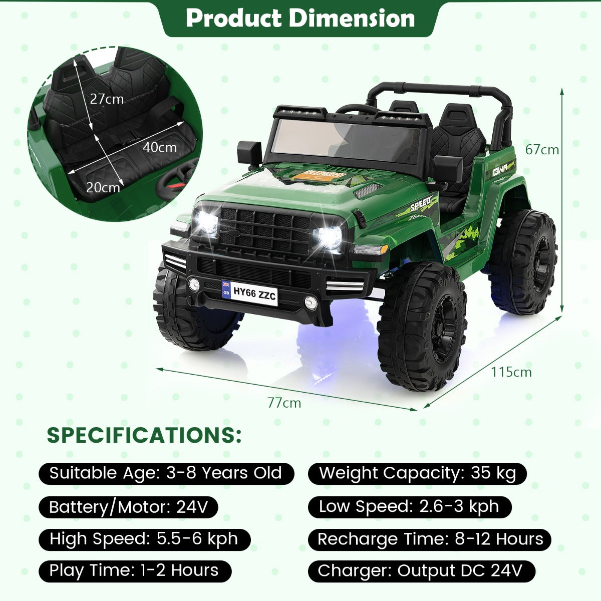 Green 2-seater ride-on car with dimensions and specifications displayed