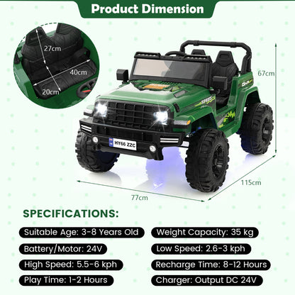 Green 2-seater ride-on car with dimensions and specifications displayed
