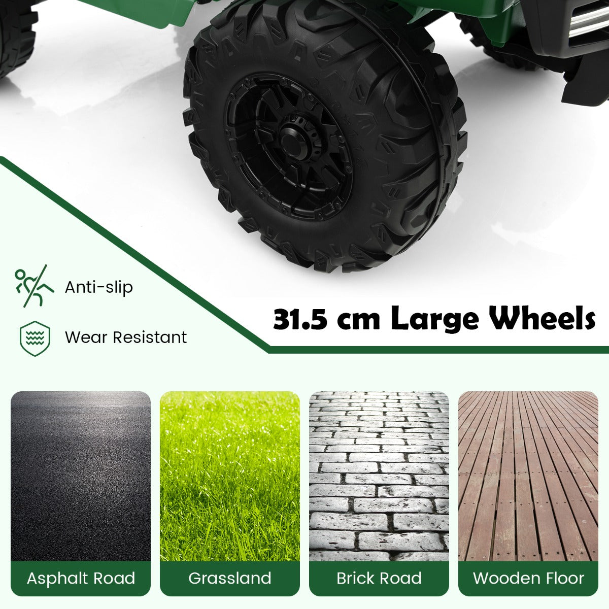 Close up of the large wheels on the green 2-seater ride-on car, showing suitability for different road surfaces