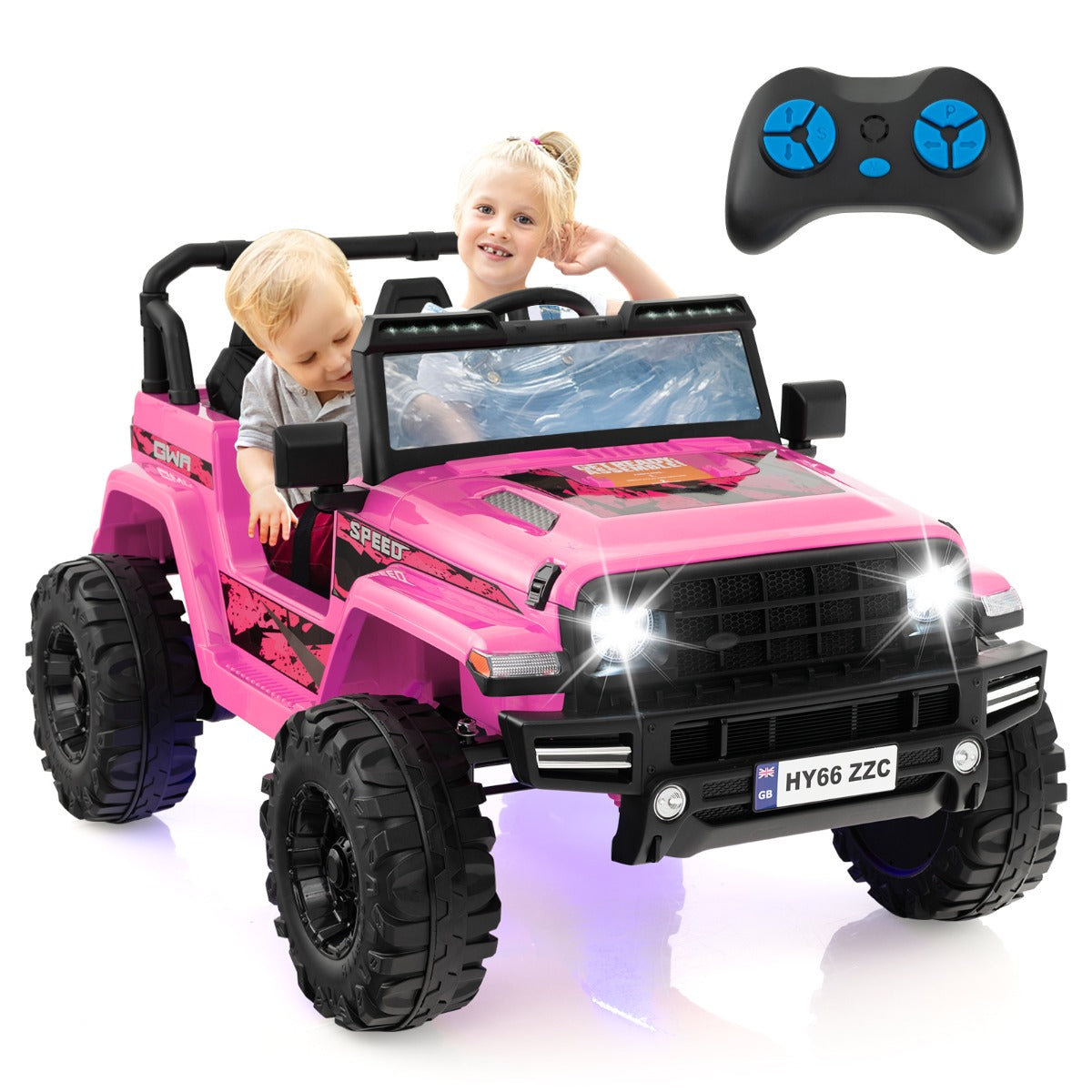 Pink electric ride-on car with two children inside and a remote control in the foreground