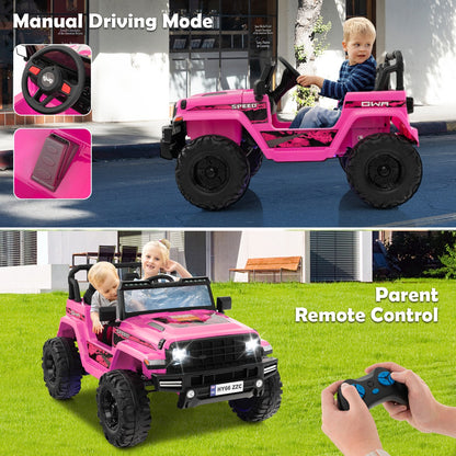 Pink kids electric car showing manual steering wheel and remote control operation