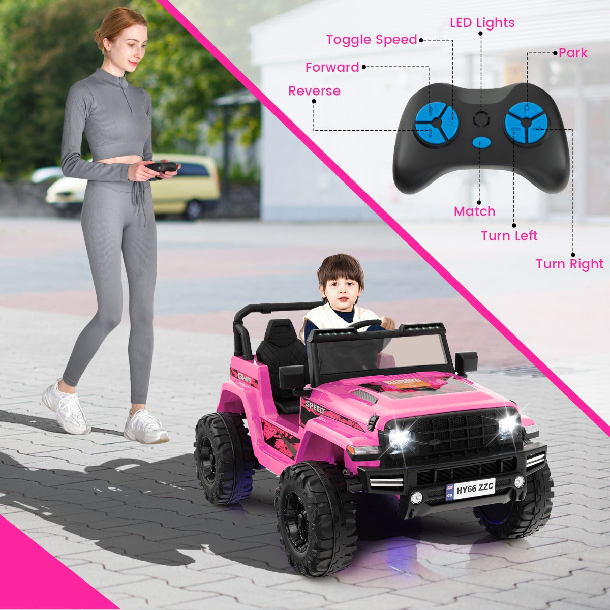 A woman supervising a child driving the pink electric car, with a remote control in hand