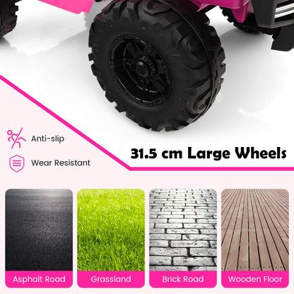 Close up of the large wheels on the pink electric ride-on car, suitable for various terrains