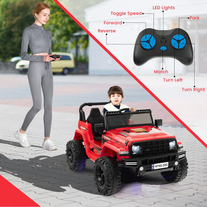 Woman supervising a child driving the red electric car, with remote control details