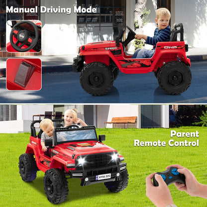 Red ride-on car shown in manual and parent remote control modes