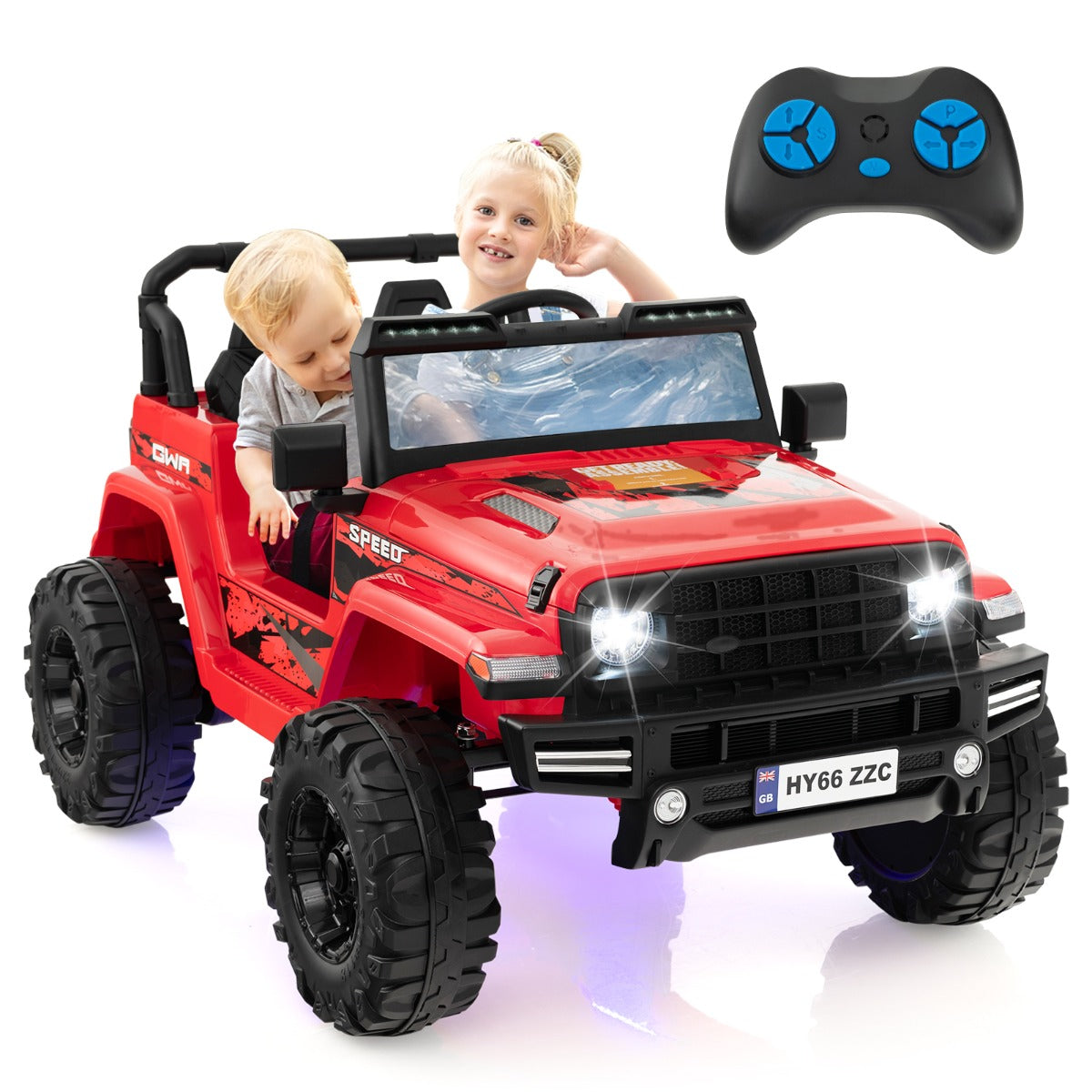 Red ride-on car with remote control shown with two children inside