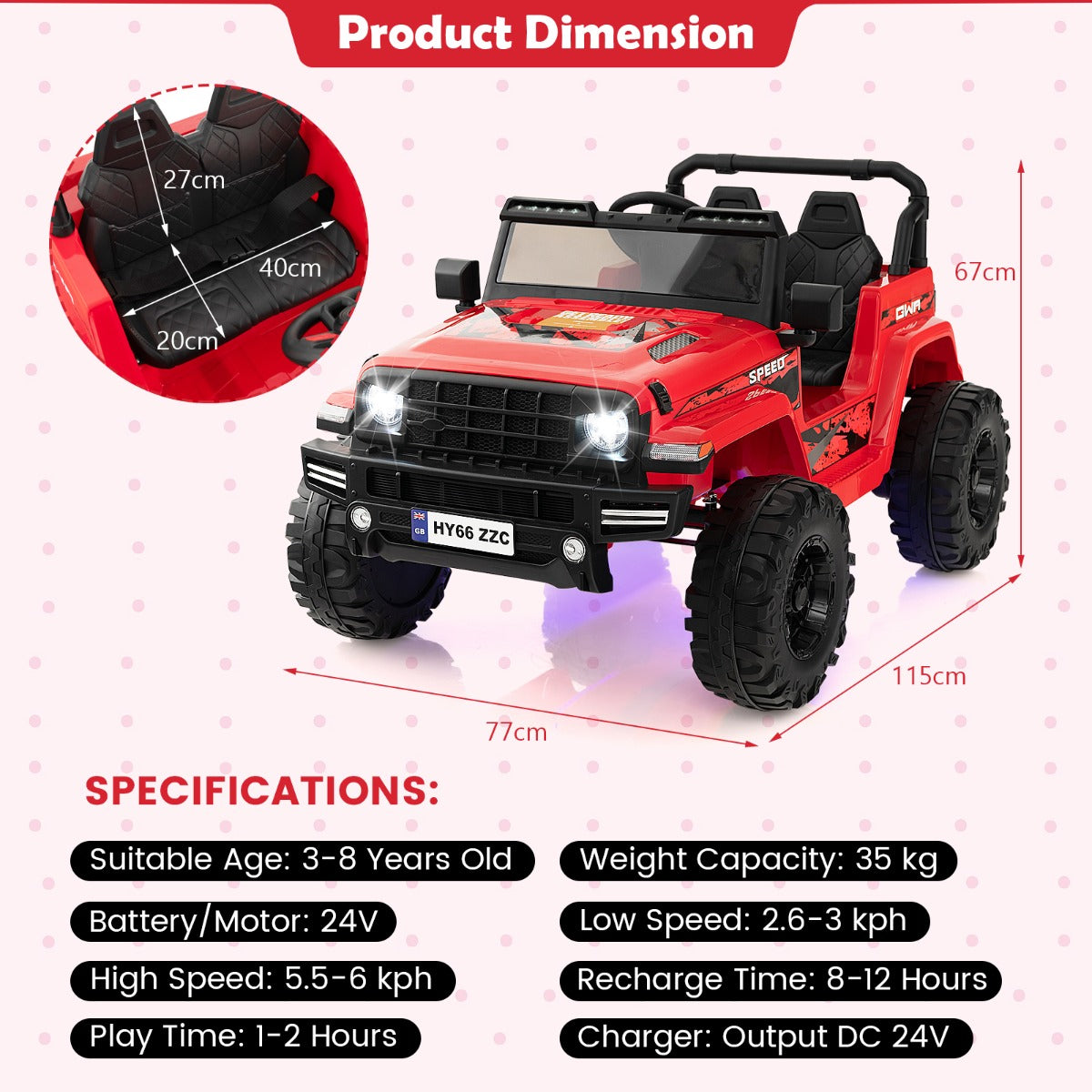 Dimensions and specifications for the red 2-seater ride-on car for children