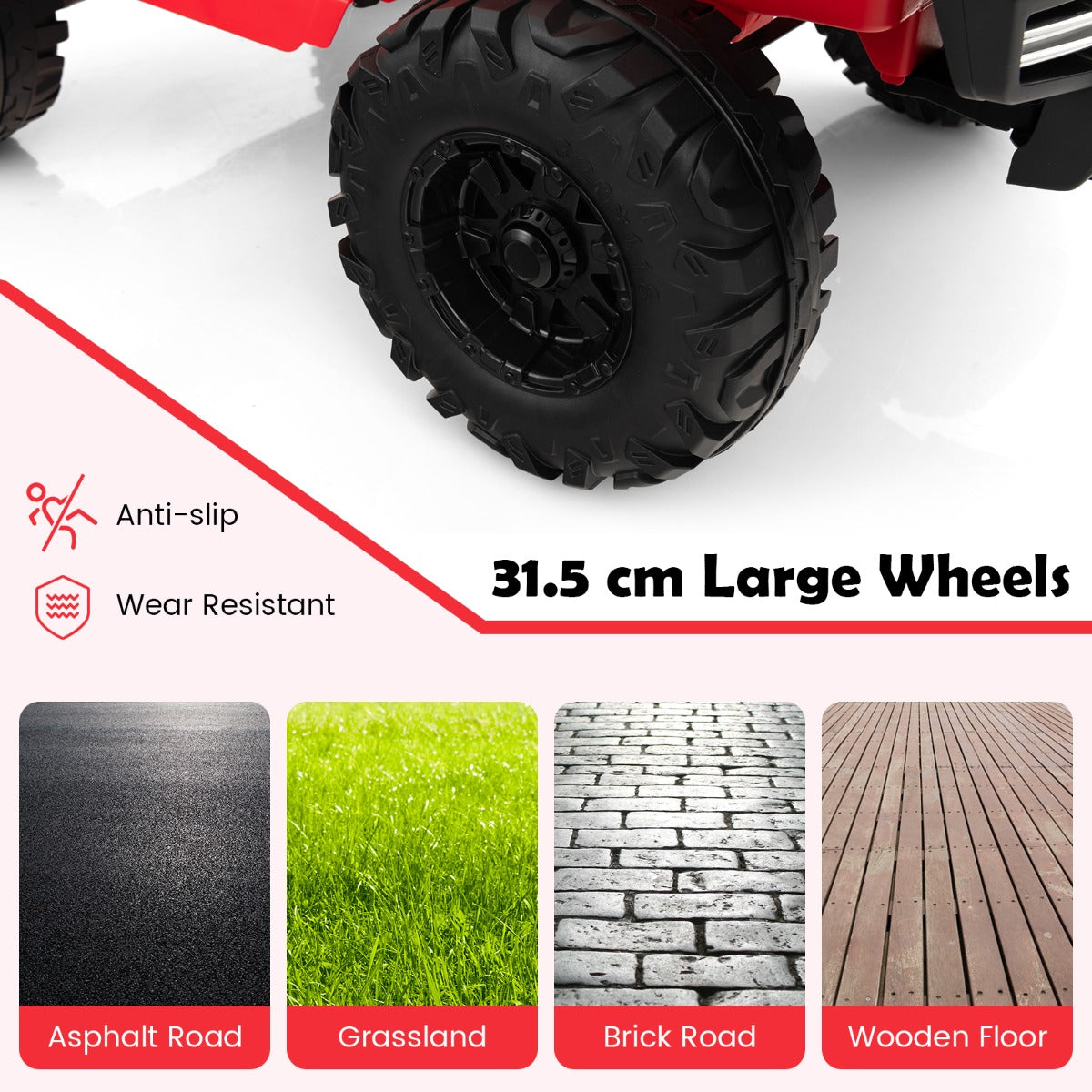 Close up of the large wheels of the red ride-on car on different surfaces