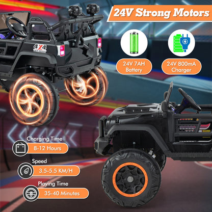 2-Seater Ride On Car, black kids electric car with details of motors and battery life