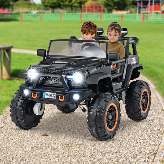 2-Seater Ride On Car, black kids electric car with two children driving it outdoors on a path