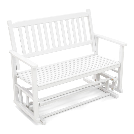 2 Seats Outdoor Glider Bench in white with a slatted backrest and seat on a plain white background