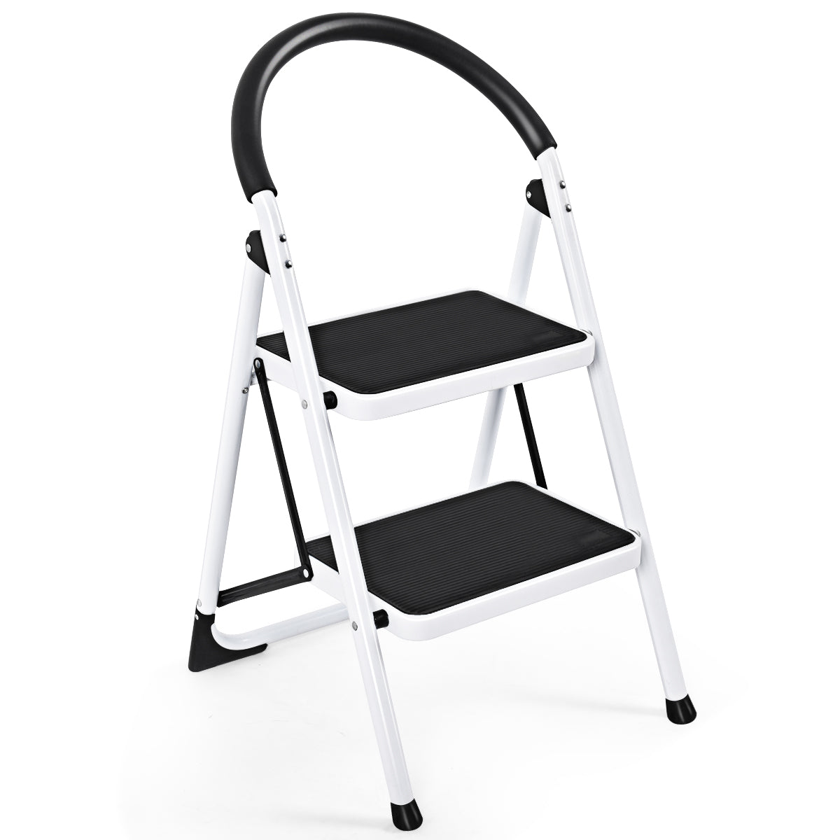 White 2 step folding household ladder with black anti-slip steps and handle
