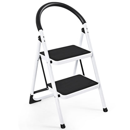 White 2 step folding household ladder with black anti-slip steps and handle