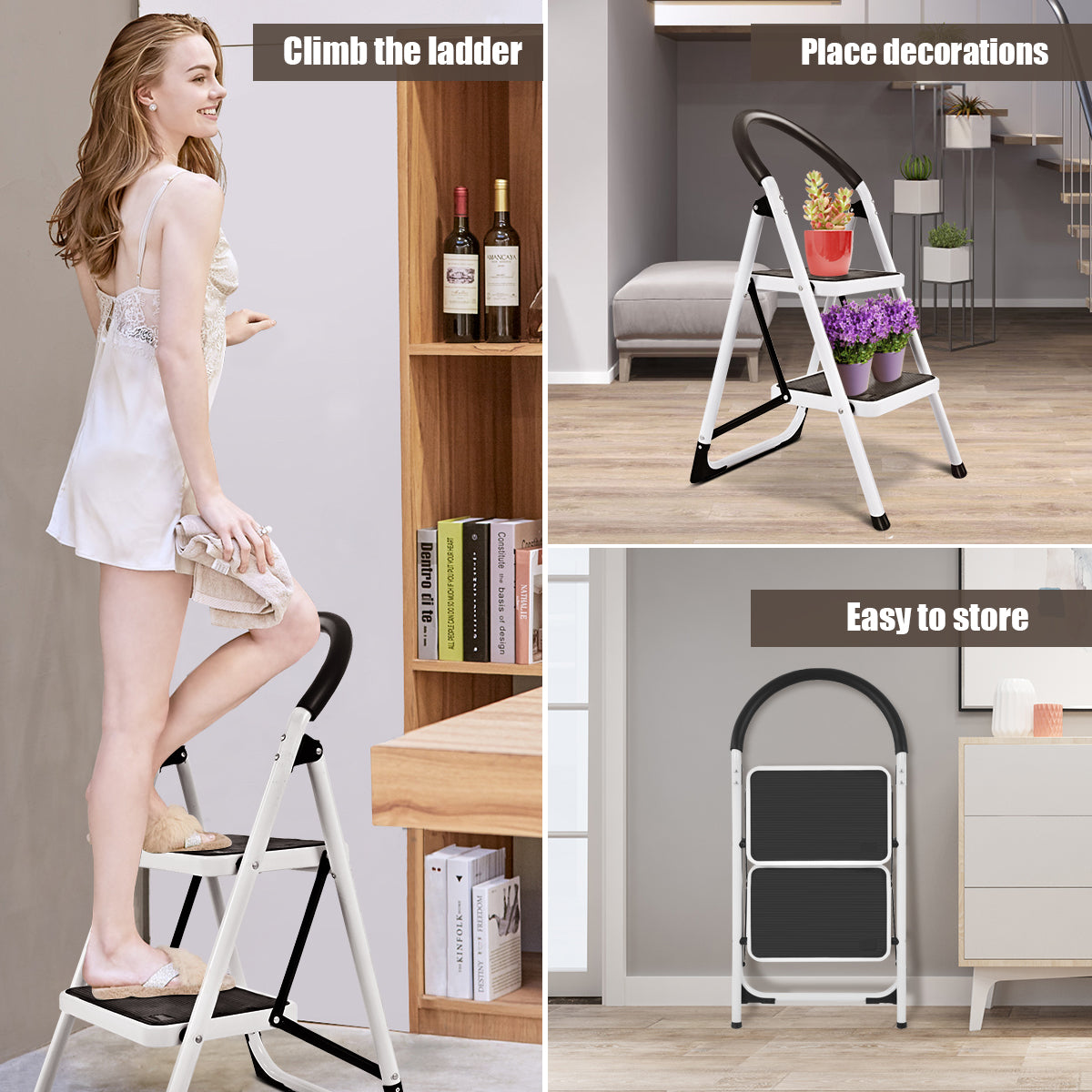 Collage showing the folding household ladder in use and stored