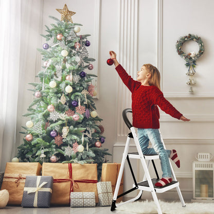 2 Step Folding Household Ladder with Anti-Slip Platform and Grip, a child decorates a Christmas tree
