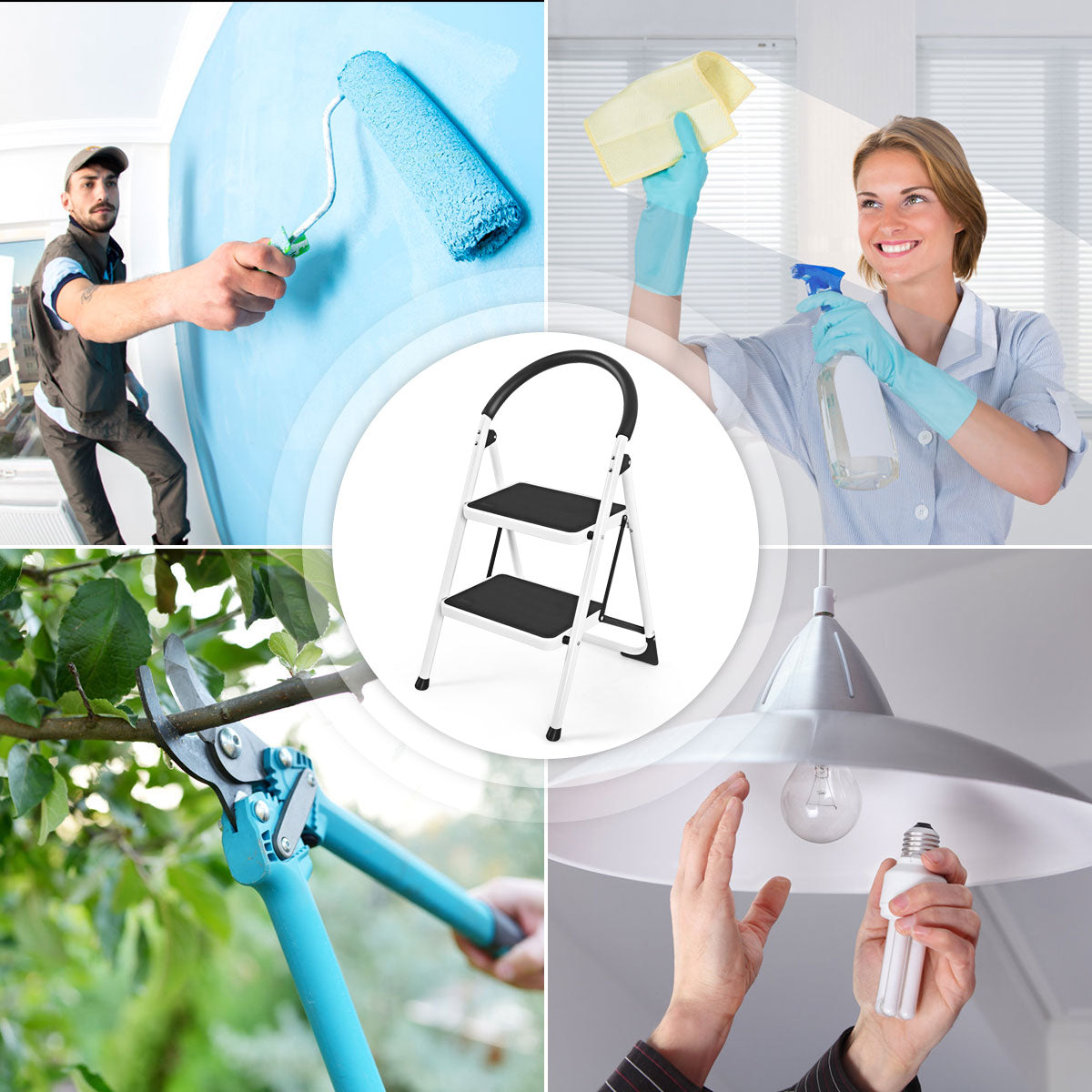 Collage showing the folding household ladder for various tasks