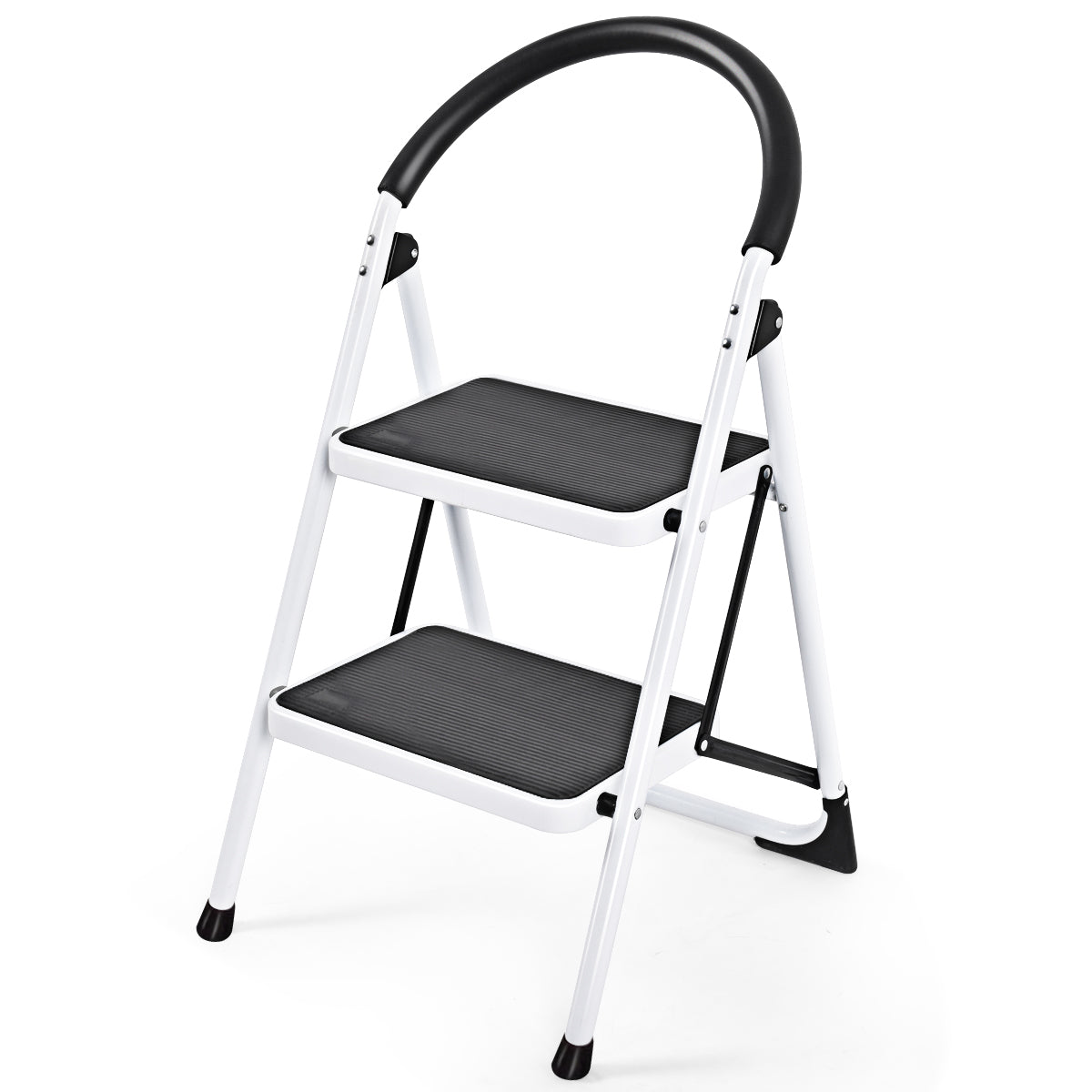 A white 2 step folding household ladder with black anti-slip steps and handle