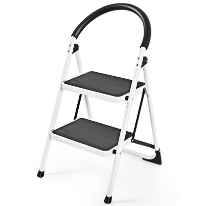 A white 2 step folding household ladder with black anti-slip steps and handle