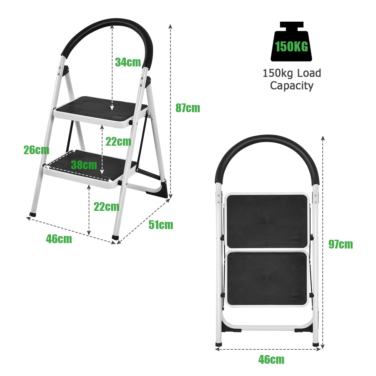 Dimensions of the 2 step folding household ladder and its load capacity