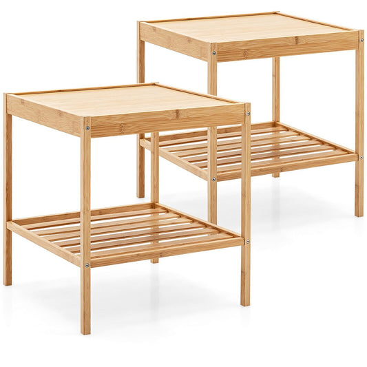 2-tier Bamboo Bedside Tables Set of 2 shown against a plain white background