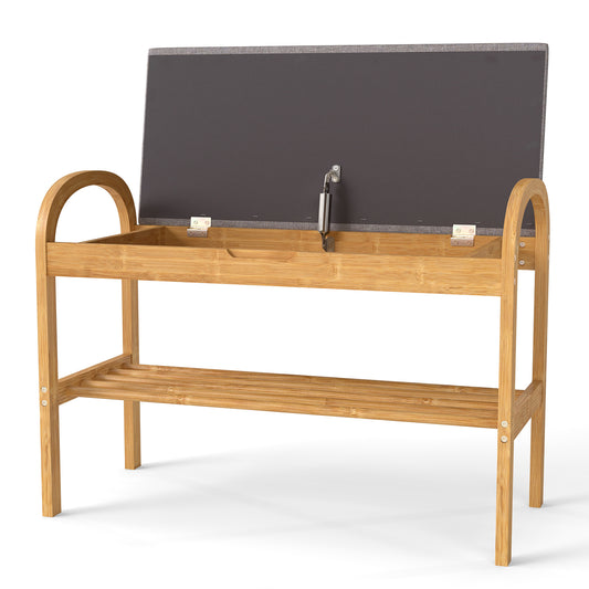 2-Tier Bamboo Shoe Bench with the grey padded seat lid open to reveal the internal storage space
