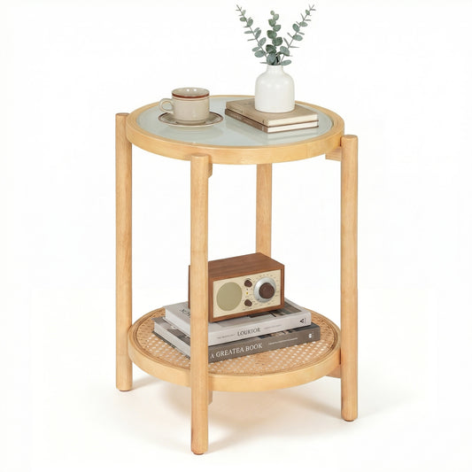 2-Tier Boho End Table with a glass top and lower shelf holding books and a vintage radio