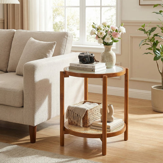 The boho end table sits next to a sofa in a living room setting