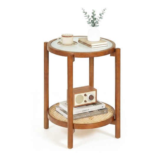 2-Tier Boho End Table with a round tempered glass top and a lower cane shelf