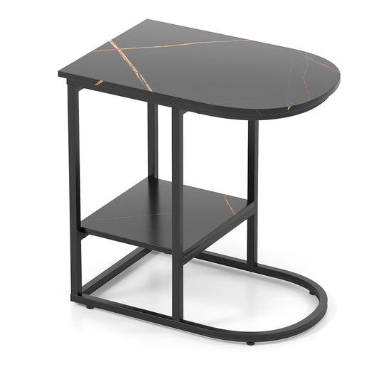 2-Tier C-shaped End Table with a black marble effect top and metal frame