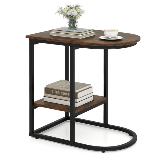 2-Tier C-shaped End Table with rustic brown top and black metal frame