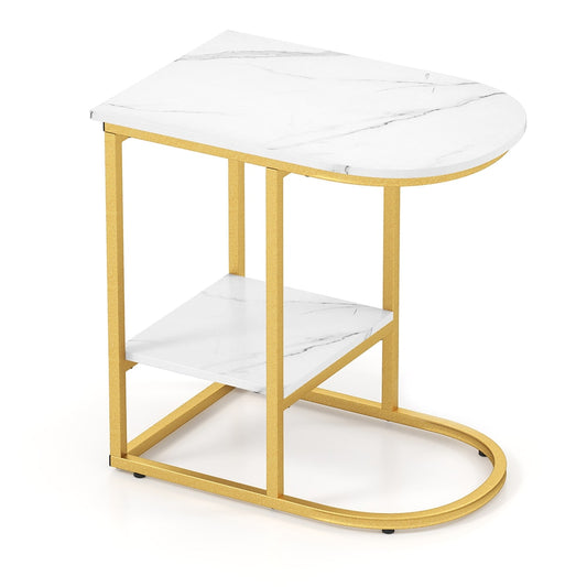 2-Tier C-shaped End Table with a white marble effect top and gold metal frame